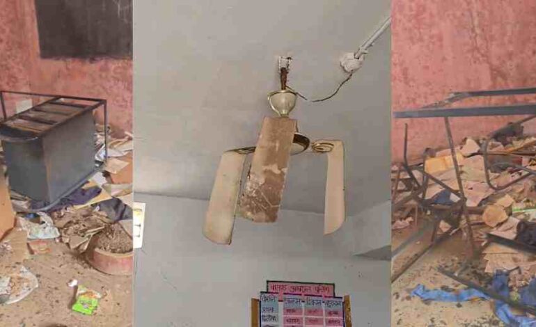 स्कूल परिसर में रहस्यमयी हरकतें: कक्षा के बाहर तांत्रिक प्रतीक, फर्नीचर जलाया, पंखा चोरी — बच्चों में डर का माहौल